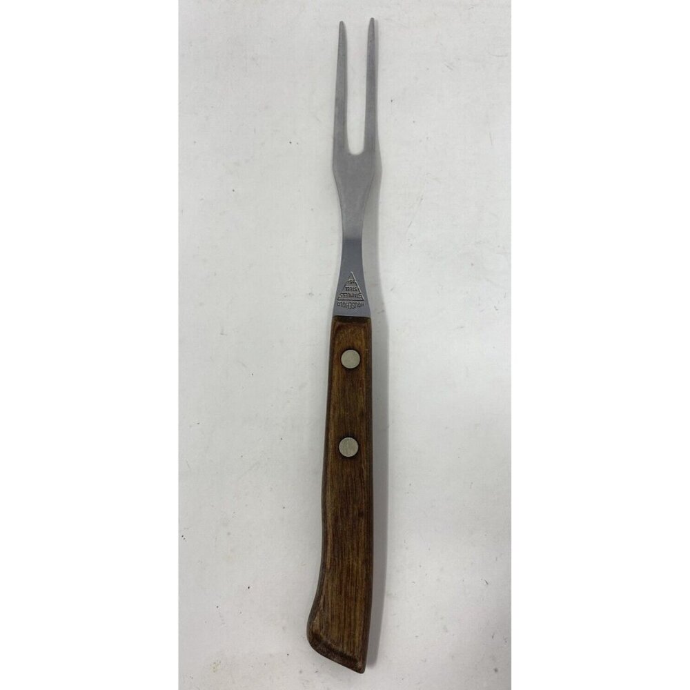 Vintage Household Stainless Steel Serving Meat Fork Wood Handle Made In USA 9”